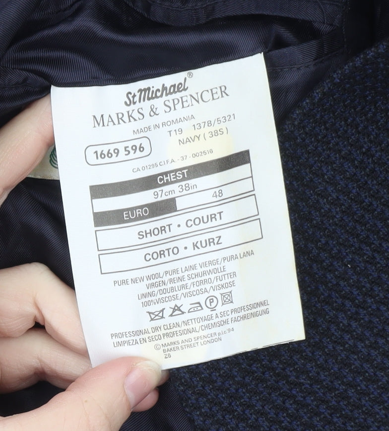 Marks and Spencer Men's Blue Wool Check 38S Classic Blazer