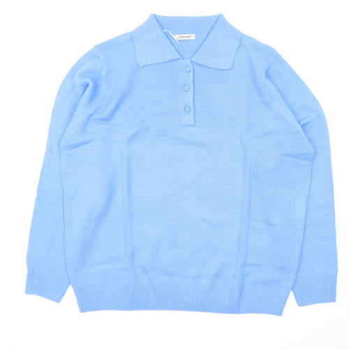 Damart Men's Blue Collared Henley Jumper XL Knit Long Sleeve