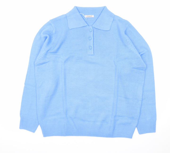 Damart Men's Blue Collared Henley Jumper XL Knit Long Sleeve