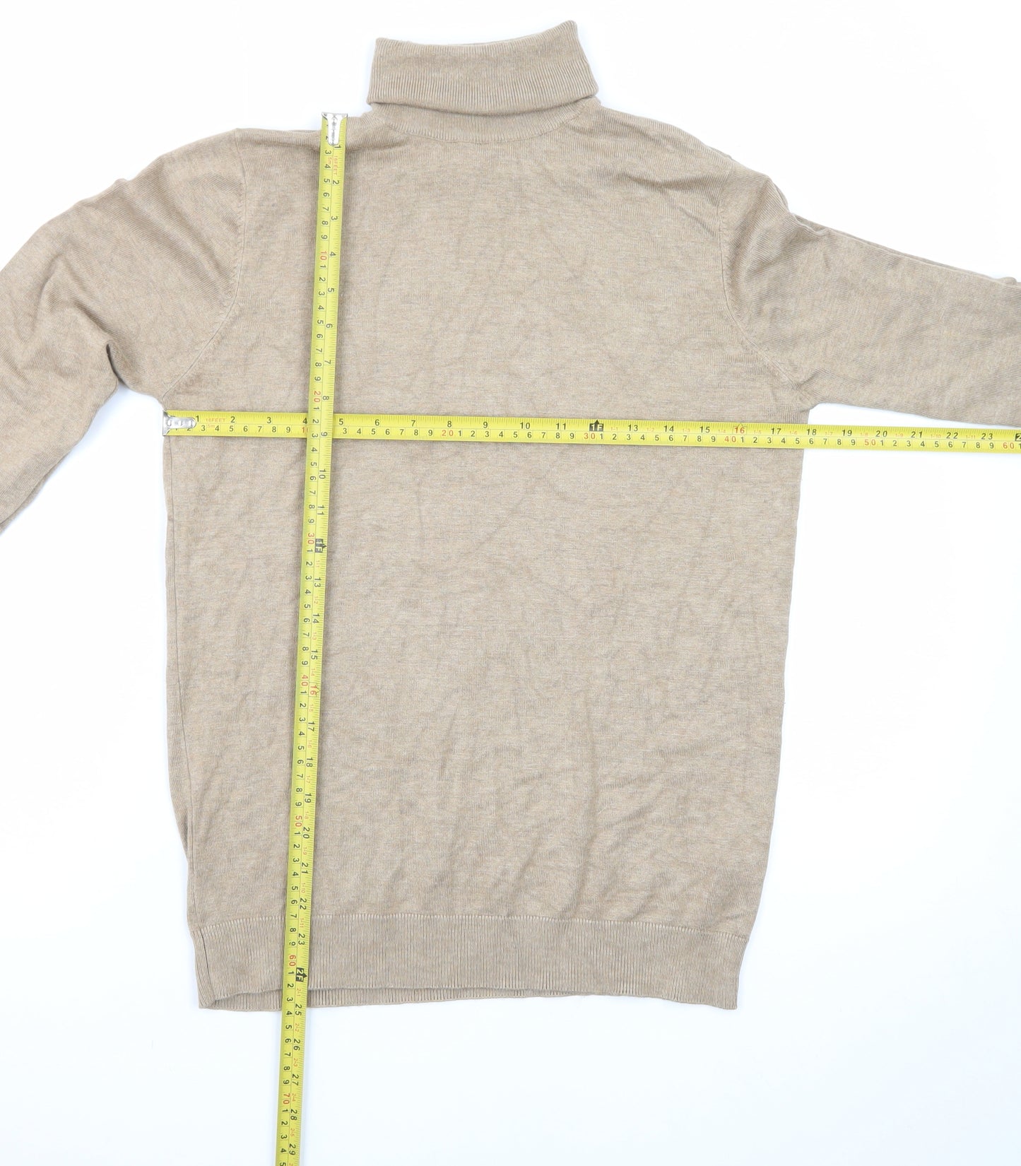 Pull & Bear Men's Beige Roll Neck Cotton Blend Jumper Size S