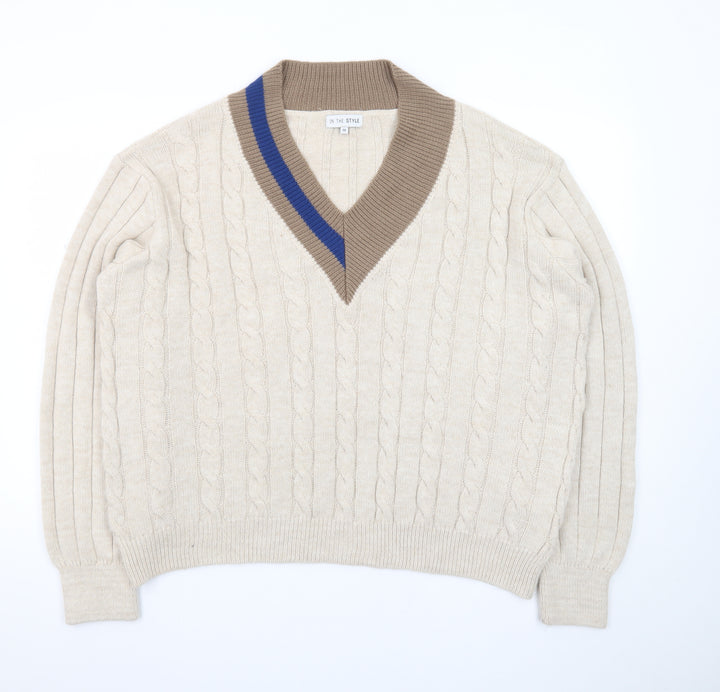 In The Style Women’s Beige Cable-Knit V-Neck Pullover Jumper Size 14