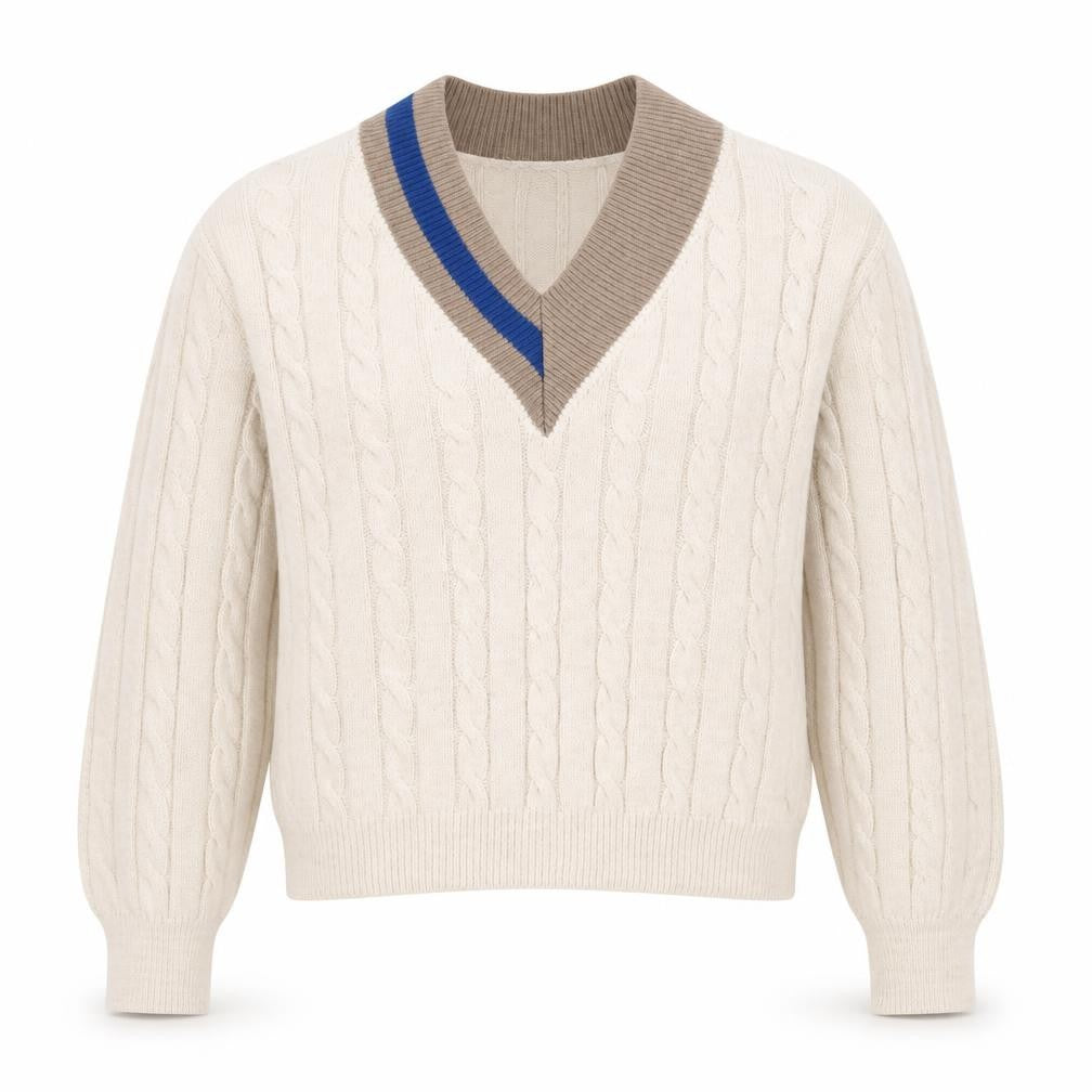 Front view of In The Style Women’s Beige Cable-Knit V-Neck jumper, size UK 14