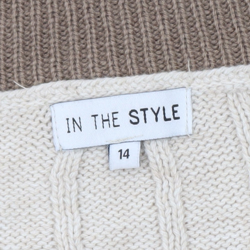 In The Style Women’s Beige Cable-Knit V-Neck Pullover Jumper Size 14