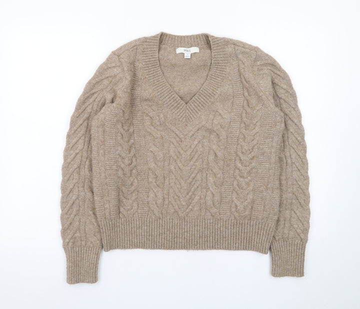 Marks and Spencer Womens Beige V-Neck Cable-Knit Jumper M