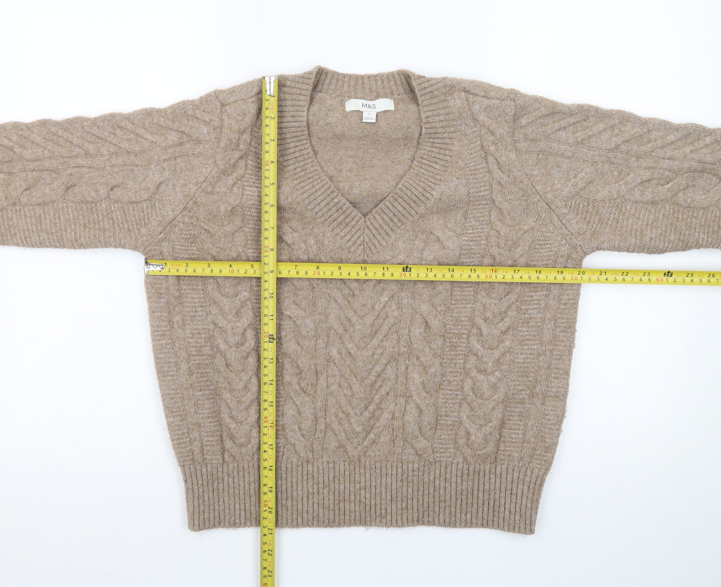 Marks and Spencer Womens Beige V-Neck Cable-Knit Jumper M