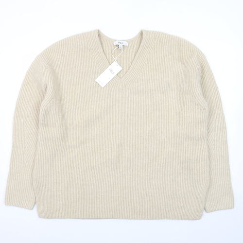 Marks and Spencer Women Beige V-Neck Ribbed Knit Pullover Jumper L