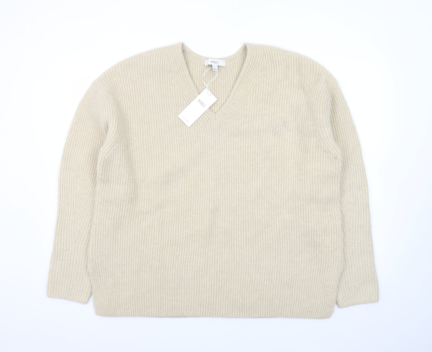 Marks and Spencer Women Beige V-Neck Ribbed Knit Pullover Jumper L
