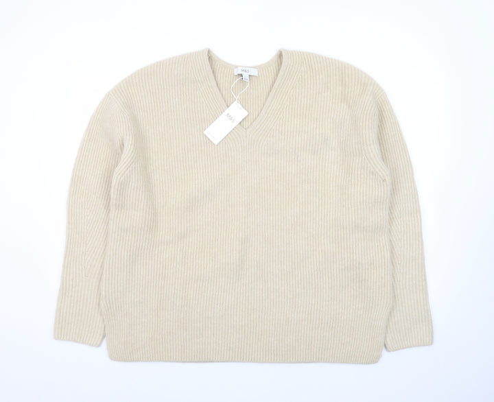Marks and Spencer Women Beige V-Neck Ribbed Knit Pullover Jumper L
