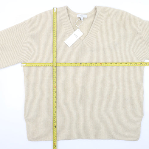 Marks and Spencer Women Beige V-Neck Ribbed Knit Pullover Jumper L