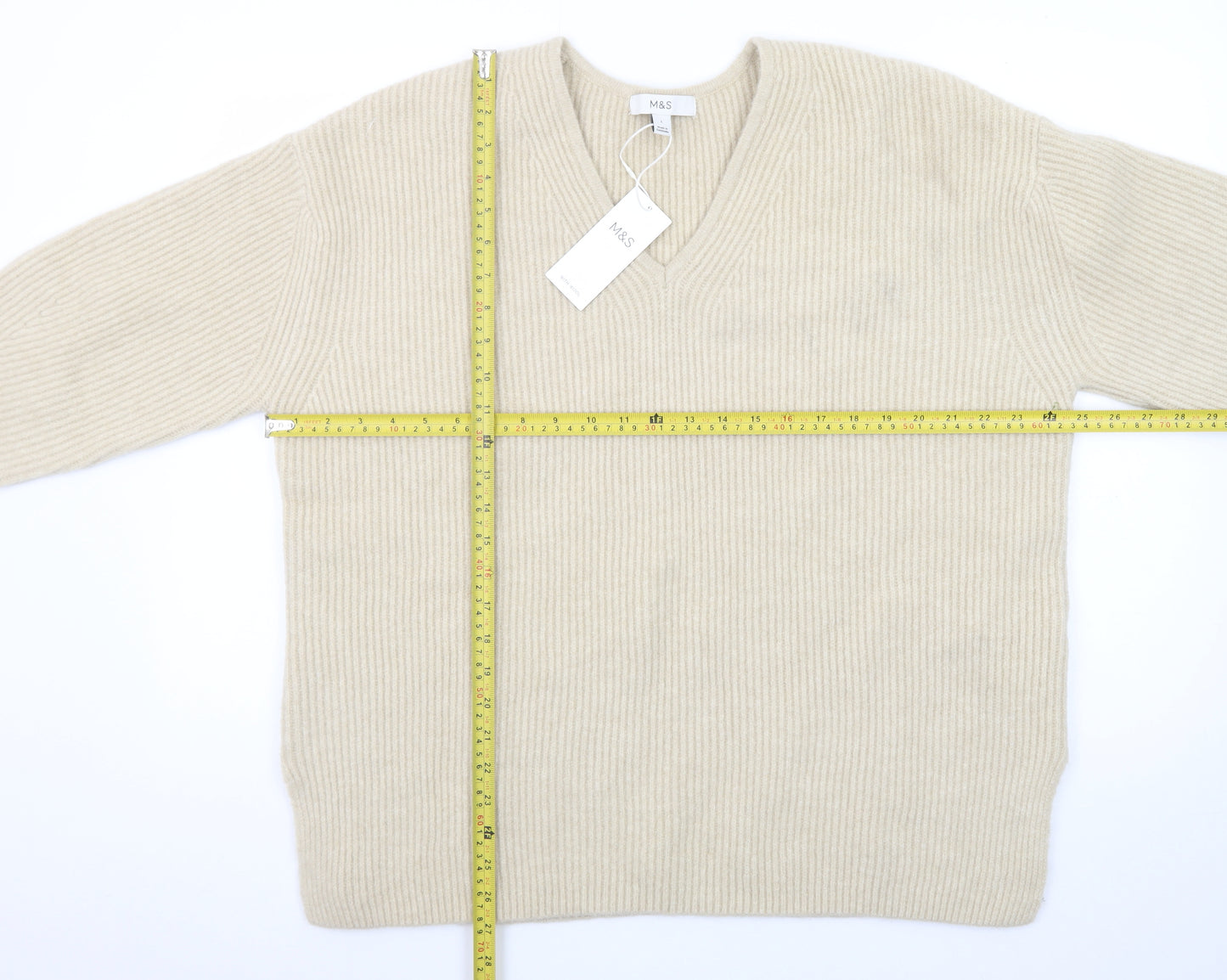 Marks and Spencer Women Beige V-Neck Ribbed Knit Pullover Jumper L