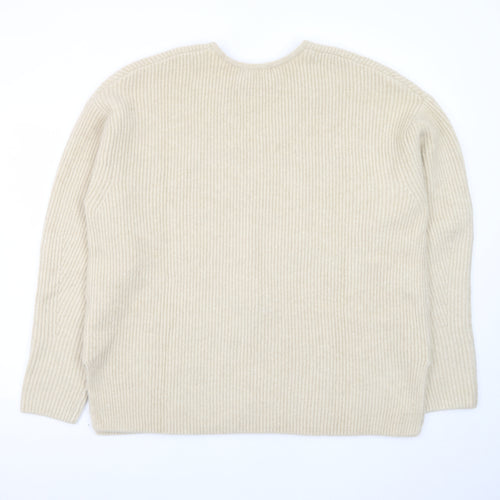 Marks and Spencer Women Beige V-Neck Ribbed Knit Pullover Jumper L