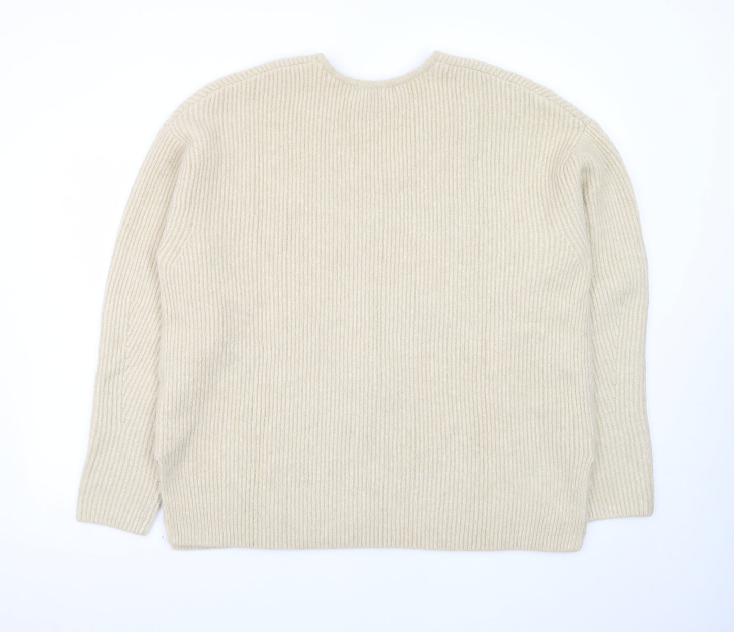 Marks and Spencer Women Beige V-Neck Ribbed Knit Pullover Jumper L