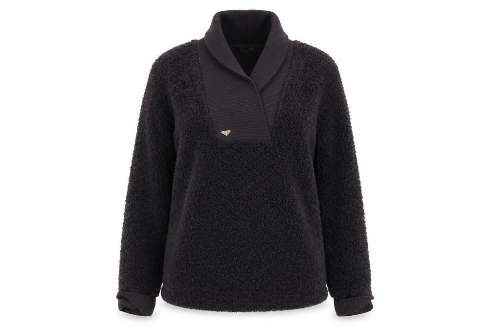 Front view of Roxy Women's Black Shawl Collar Fleece Jumper, size S