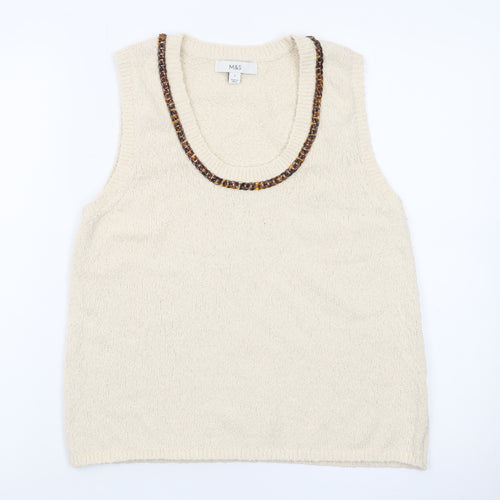 Marks and Spencer Women Ivory Knit Beaded Scoop Neck Tank Top S