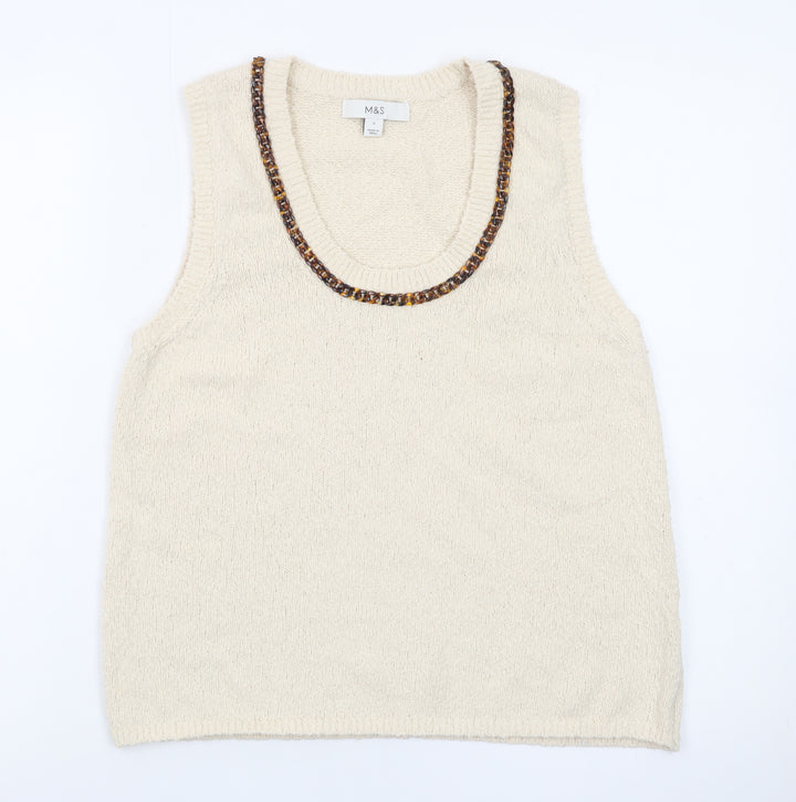 Marks and Spencer Women Ivory Knit Beaded Scoop Neck Tank Top S