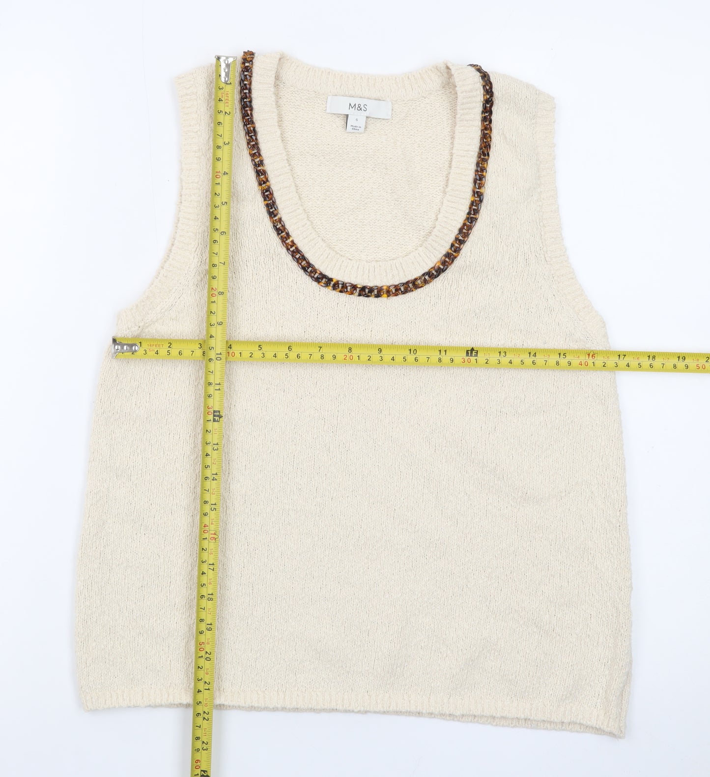 Marks and Spencer Women Ivory Knit Beaded Scoop Neck Tank Top S