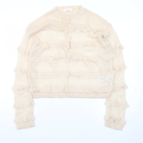 Marks and Spencer Women Beige Ruffle Knit Pullover Jumper Size S