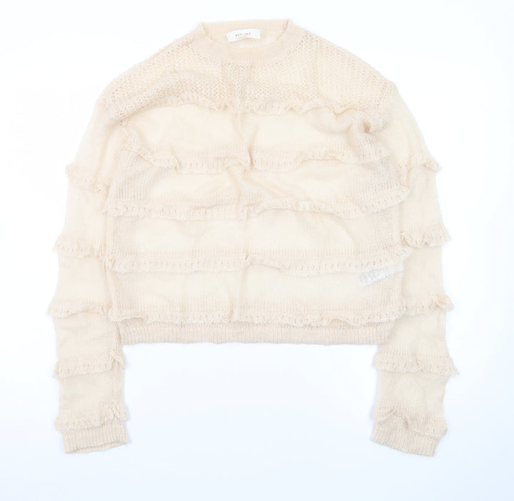 Marks and Spencer Women Beige Ruffle Knit Pullover Jumper Size S