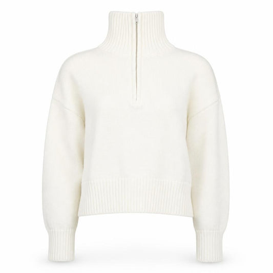 Front view of Bershka Women’s Ivory High Neck 1/2 Zip Chunky Knit Jumper, size UK 12