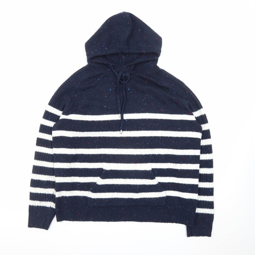 Marks and Spencer Women Blue Striped Hooded Pullover Jumper L