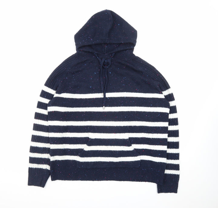 Marks and Spencer Women Blue Striped Hooded Pullover Jumper L