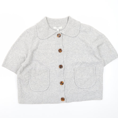 Marks and Spencer Women's Grey Collared Short Sleeve Knit Cardigan L
