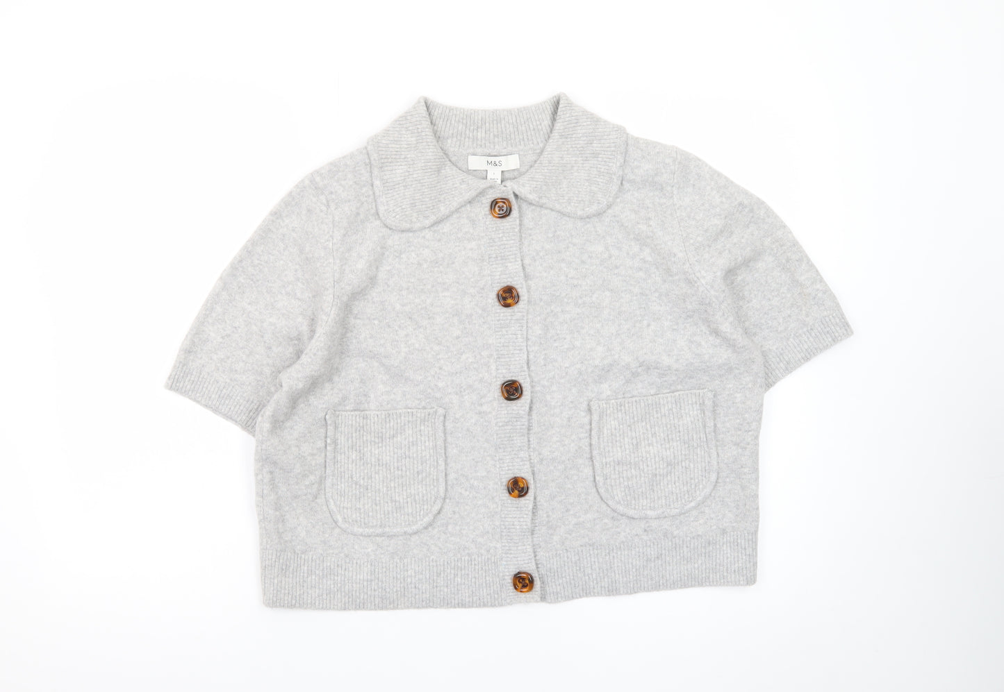 Marks and Spencer Women's Grey Collared Short Sleeve Knit Cardigan L
