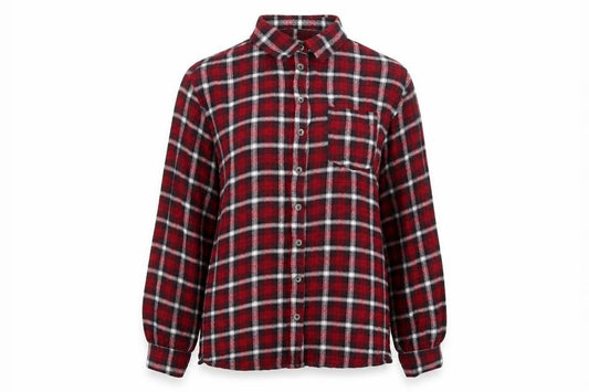 Front view of Brave Soul Women's Red Checked Flannel Button-Up Shirt, size S