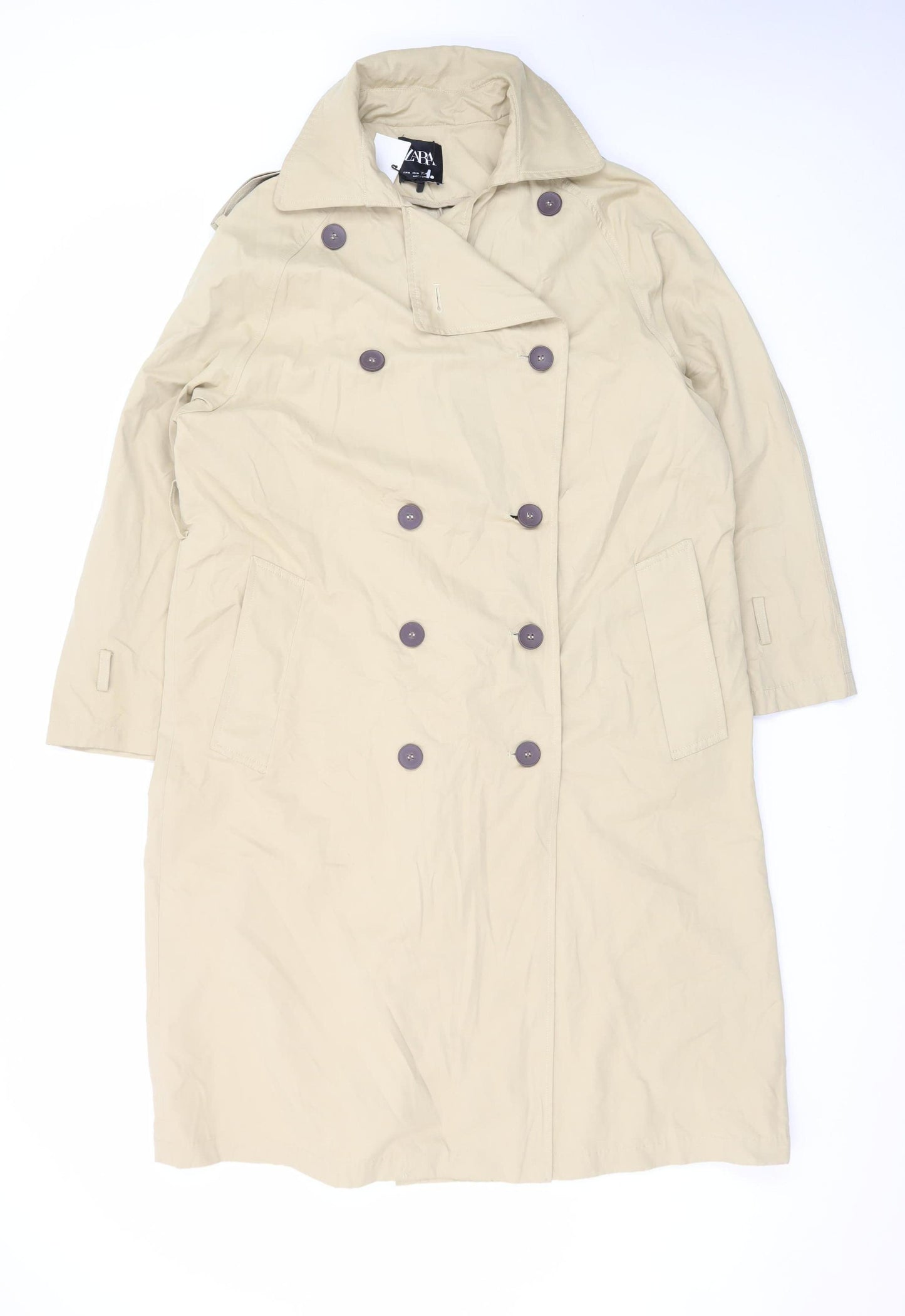 Zara Women's Beige Long Trench Coat Size 12 Classic Style