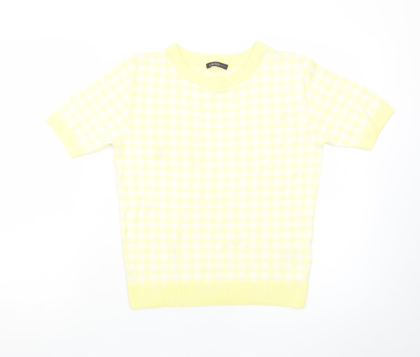 Marks and Spencer Women's Yellow Check Knit Short Sleeve Jumper Size 10