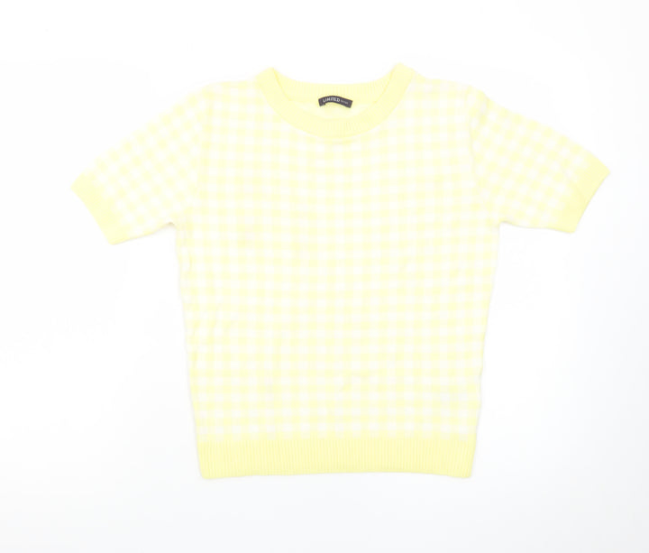 Marks and Spencer Women's Yellow Check Knit Short Sleeve Jumper Size 10