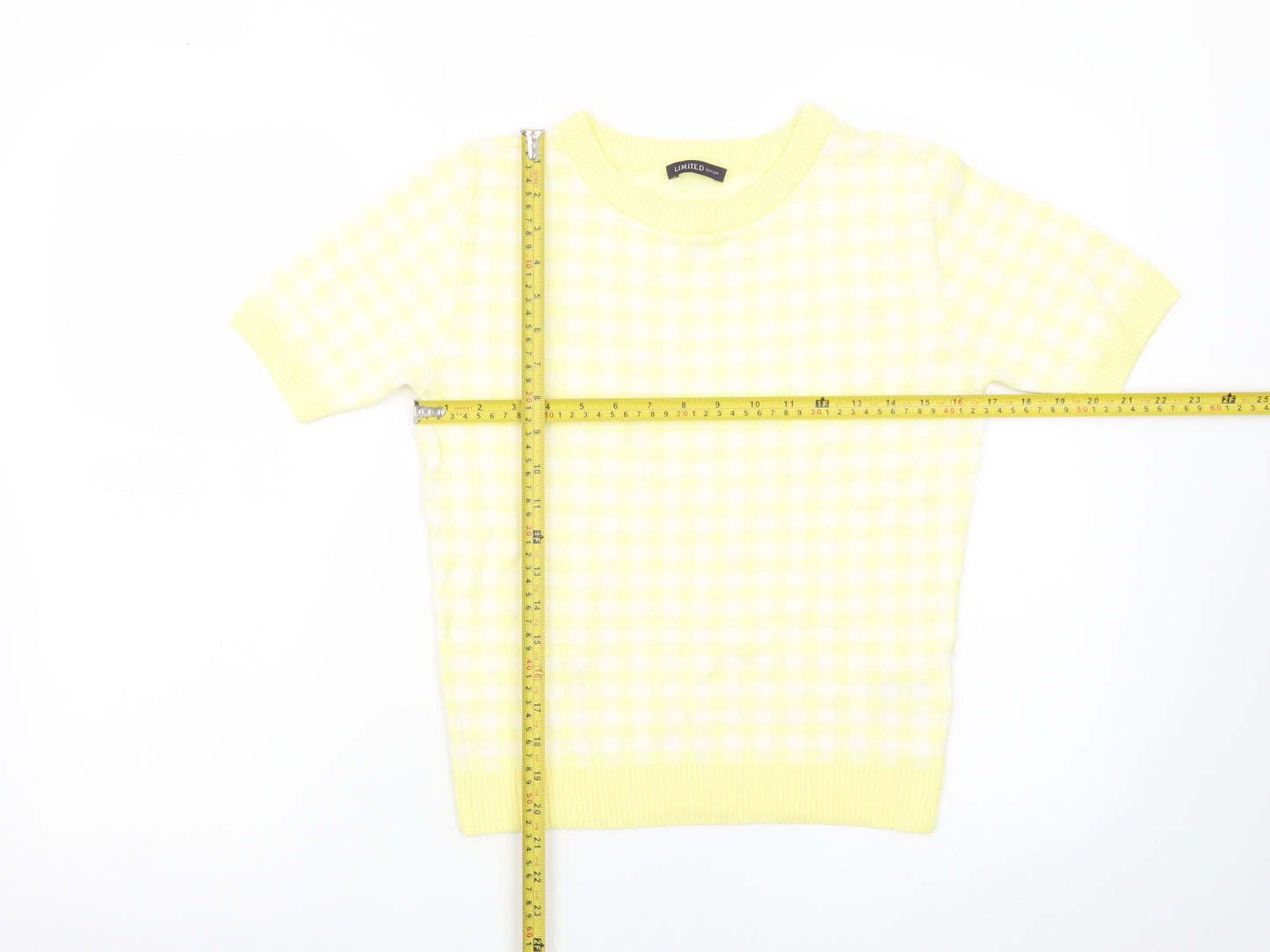 Marks and Spencer Women's Yellow Check Knit Short Sleeve Jumper Size 10