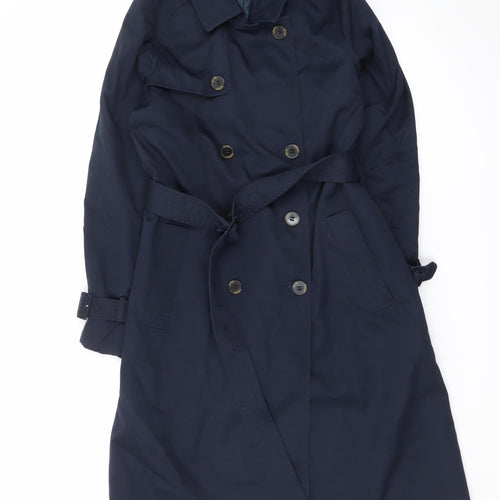 H&M Women’s Blue Long Trench Coat Belted Size 8 Classic Style