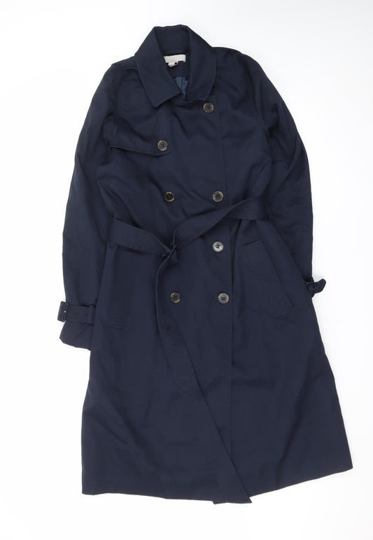 H&M Women’s Blue Long Trench Coat Belted Size 8 Classic Style
