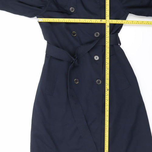 H&M Women’s Blue Long Trench Coat Belted Size 8 Classic Style