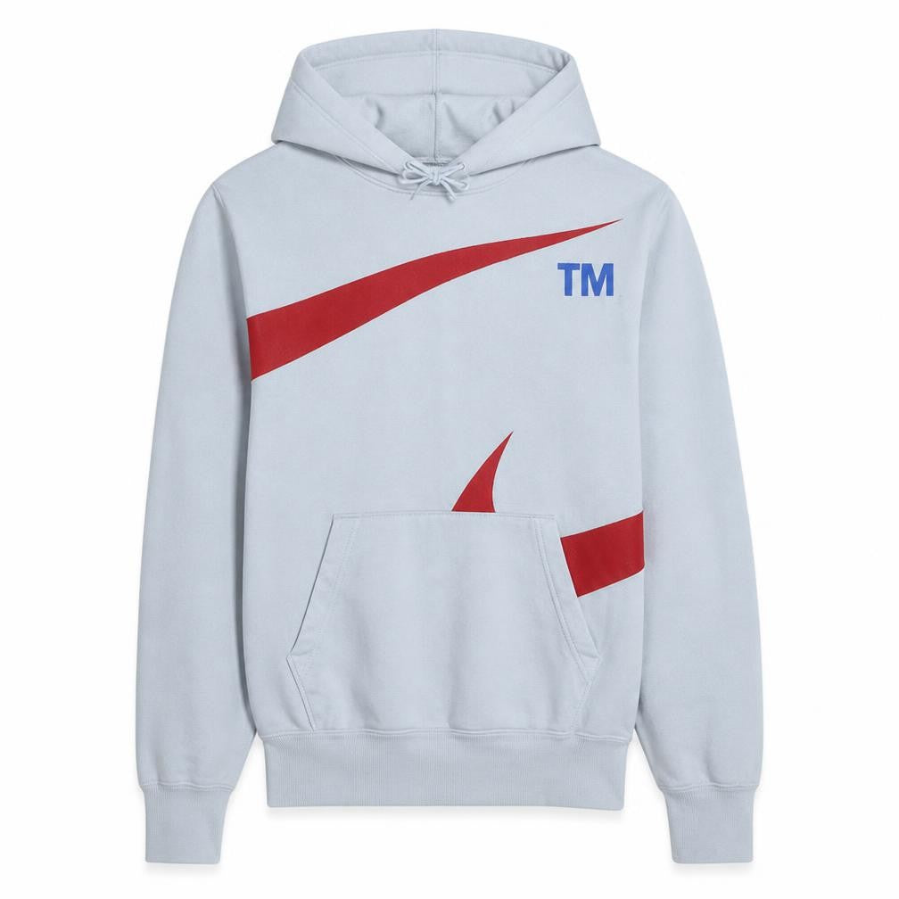 Front view of Nike Men’s White XS Pullover Hoodie with Red Logo Graphic