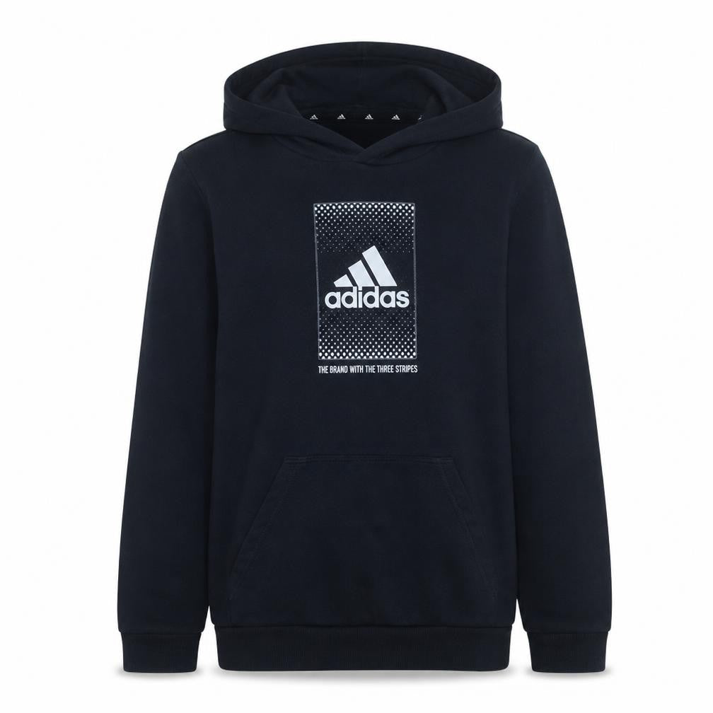 Front view of Adidas boys’ black pullover hoodie sweatshirt, size 13-14, years cotton blend