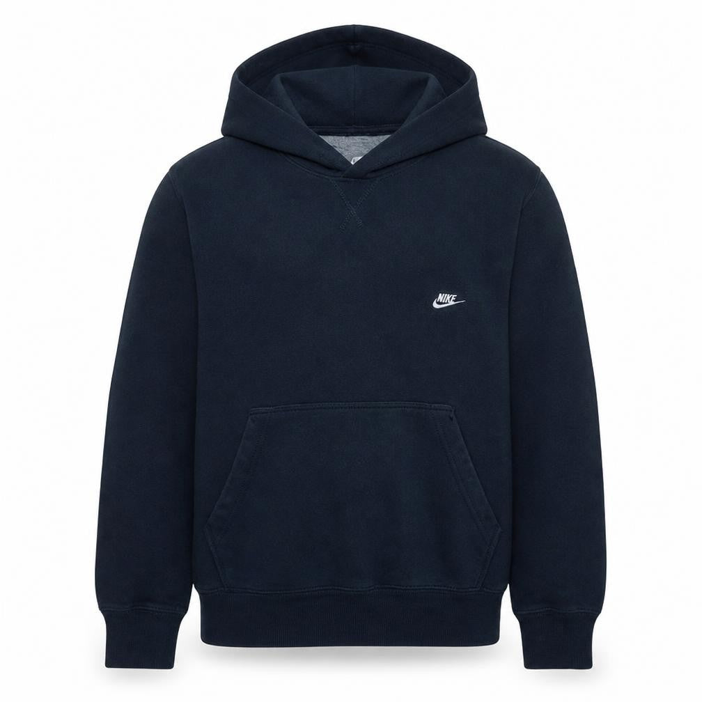Front view of Nike men’s blue pullover hoodie, size M, regular fit fleece sweatshirt