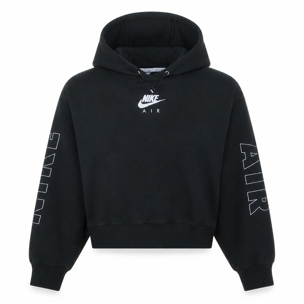Front view of Nike Air Women's Black Pullover Hoodie, size L, Logo Print Cotton Blend
