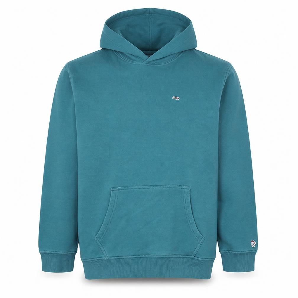 Front view of Tommy Jeans Men's Blue Pullover Hoodie M Logo Fleece Sweatshirt