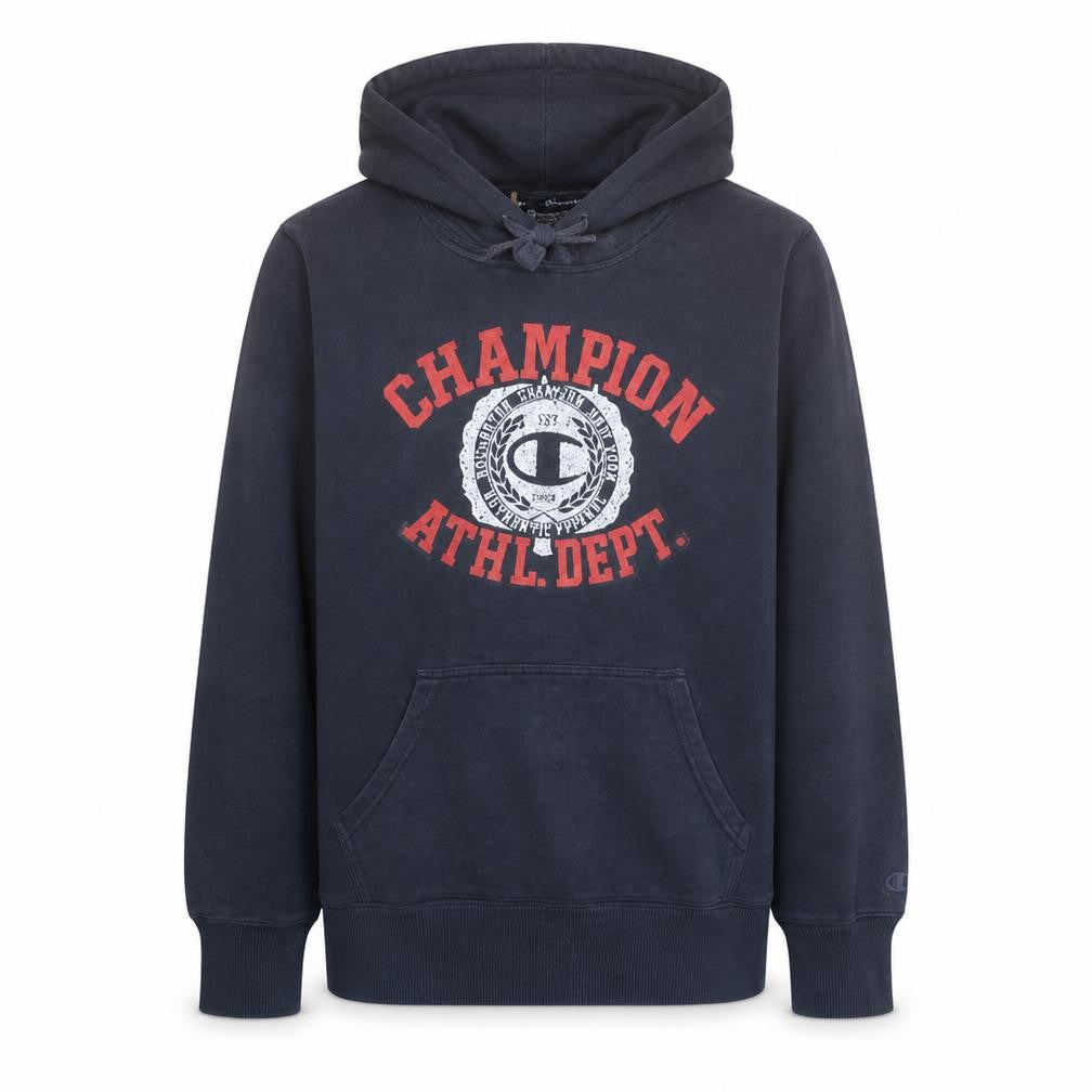 Front view of Champion Men's Blue Graphic Pullover Hoodie, size L