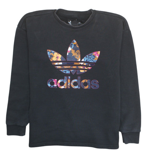 Adidas Women Black XS Sweatshirt Floral Trefoil Logo Cotton Crew Neck