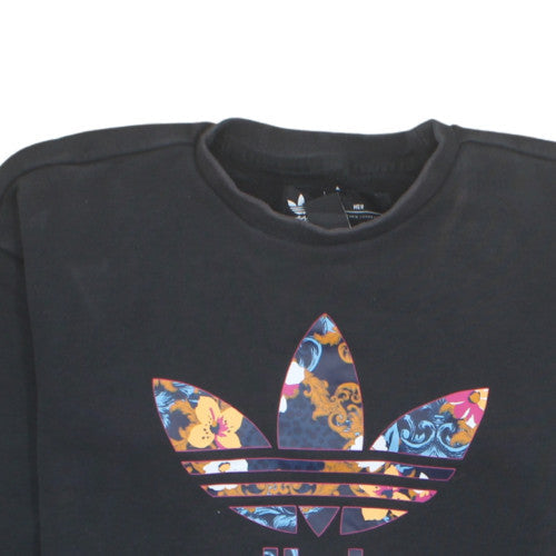 Adidas Women Black XS Sweatshirt Floral Trefoil Logo Cotton Crew Neck
