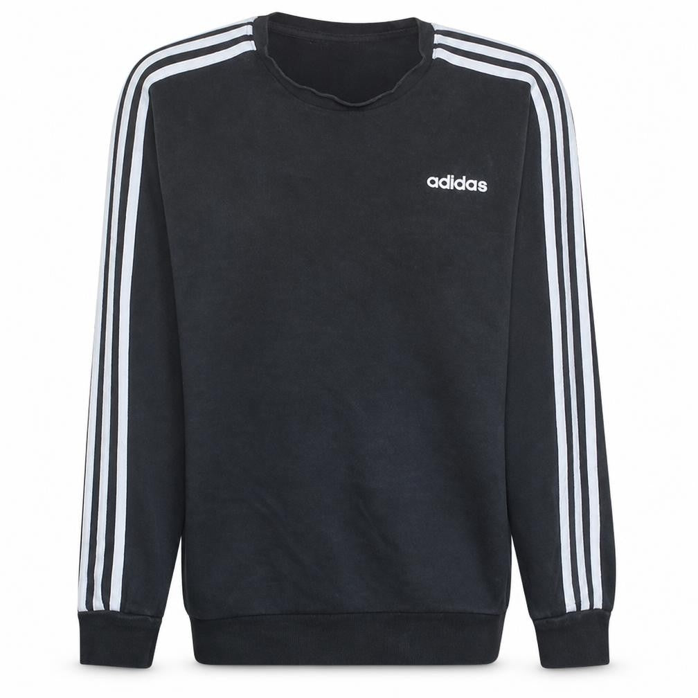 Front view of Adidas Men's Black Crew Neck Pullover Sweatshirt, size M, Classic Stripe