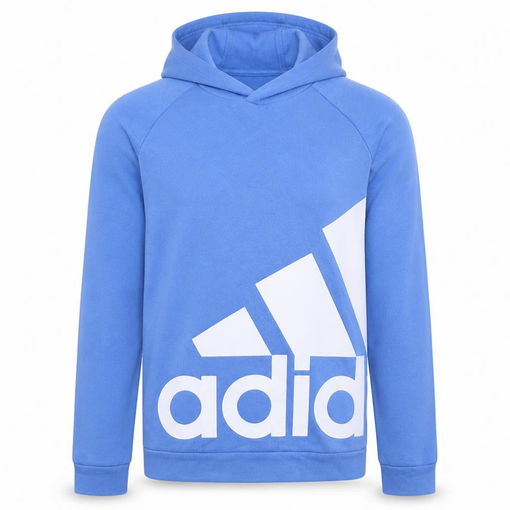 Front view of Adidas Men's Blue Pullover Hoodie Small Graphic Logo Sportswear