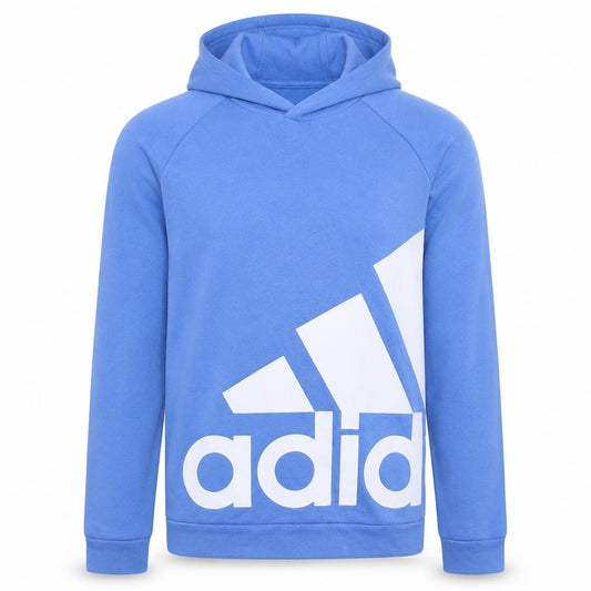 Front view of Adidas Men's Blue Pullover Hoodie Small Graphic Logo Sportswear