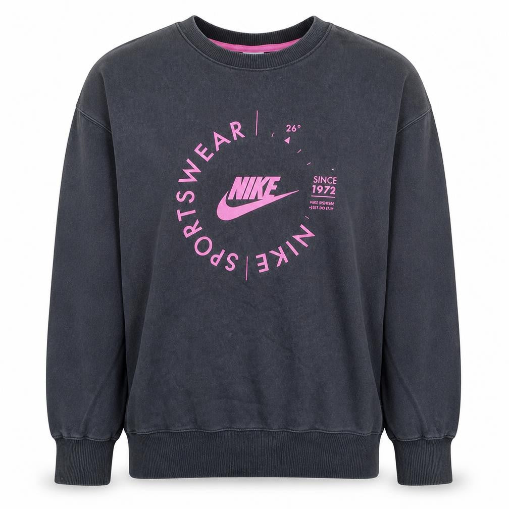 Front view of Nike women’s black pink crew neck pullover sweatshirt m
