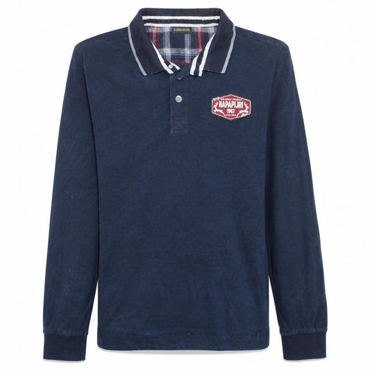 Front view of Napapijri Men's Blue Long Sleeve Cotton Button-Up Polo Shirt, size 36