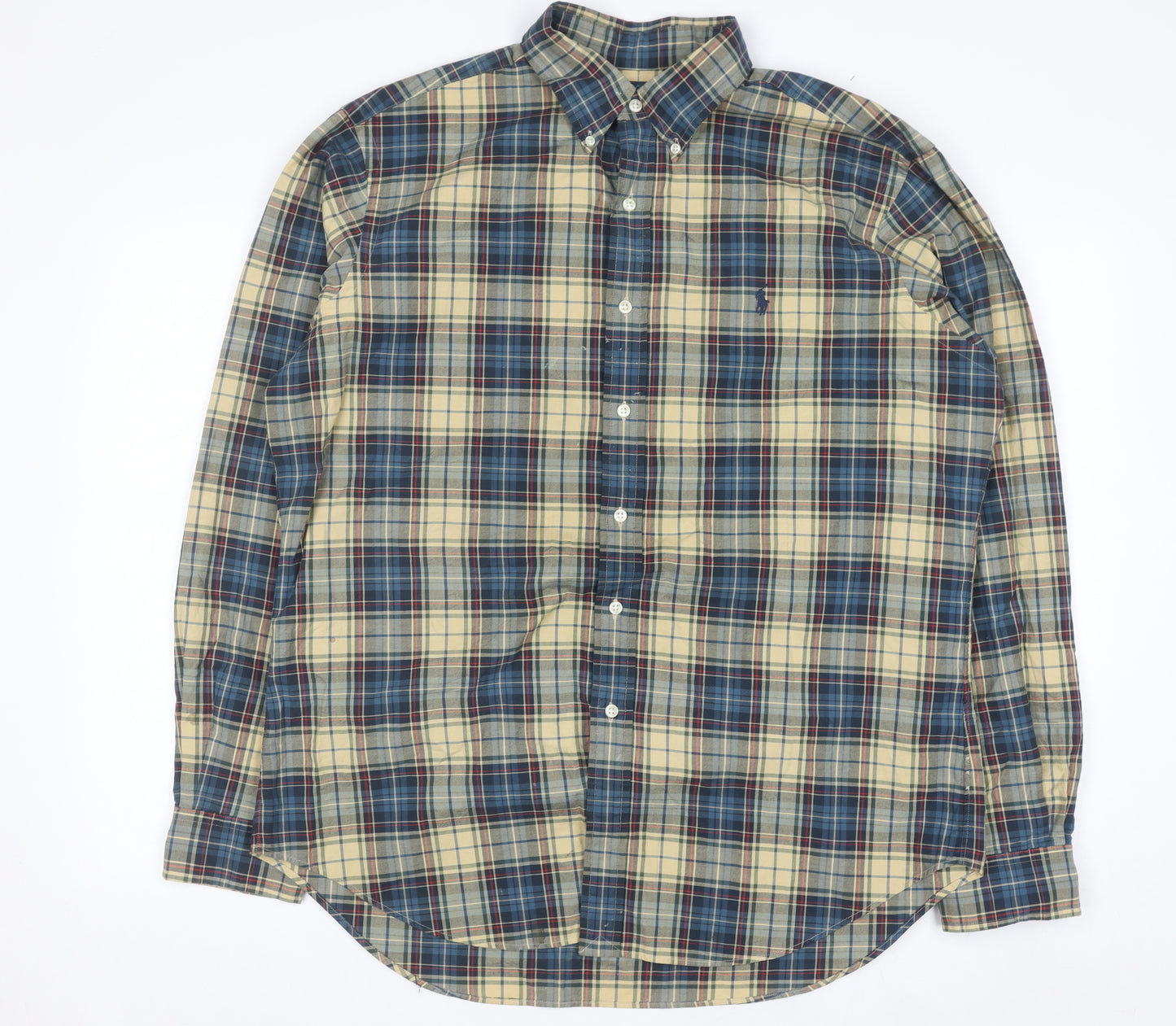 Ralph Lauren Men's Beige Blue Plaid Classic Fit Button-Up Shirt L