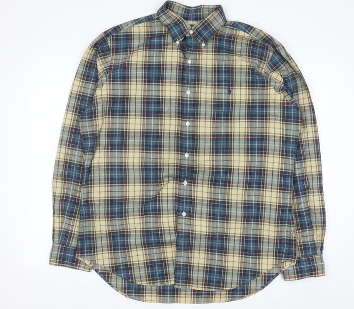 Ralph Lauren Men's Beige Blue Plaid Classic Fit Button-Up Shirt L